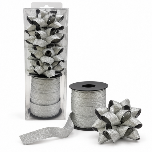 Silver Glitter Ribbon and Bow Pack || شريط ريبون و زهرية زري لون فضي
