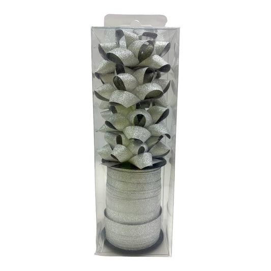 Silver Glitter Ribbon and Bow Pack || شريط ريبون و زهرية زري لون فضي