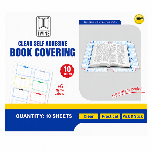 A&T Twins Clear Self Adhesive Book Cover 10 pcs + 6 Name Labels || جلاد شفاف توينز اي اند تي مقطع من الداخل والاطراف لسهولة التجليد 10 حبة مع 6 طوابع
