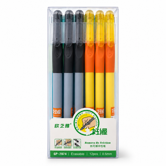 A&T Offer Pack Erasable Pens Rubber Grip 0.5 Tip Blue 12 Pcs || باكيت اقلام حبر ازرق مع ربل ماسحة 12 حبة راس 0.5 