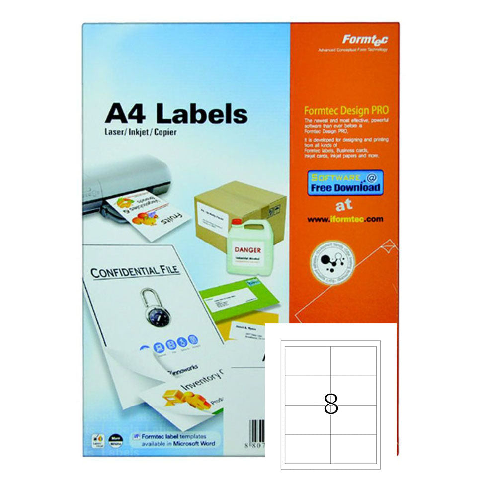 Formtec A4 Label 8 Stickers || ورق لاصق فورماتك مقسم ٨ ستيكر