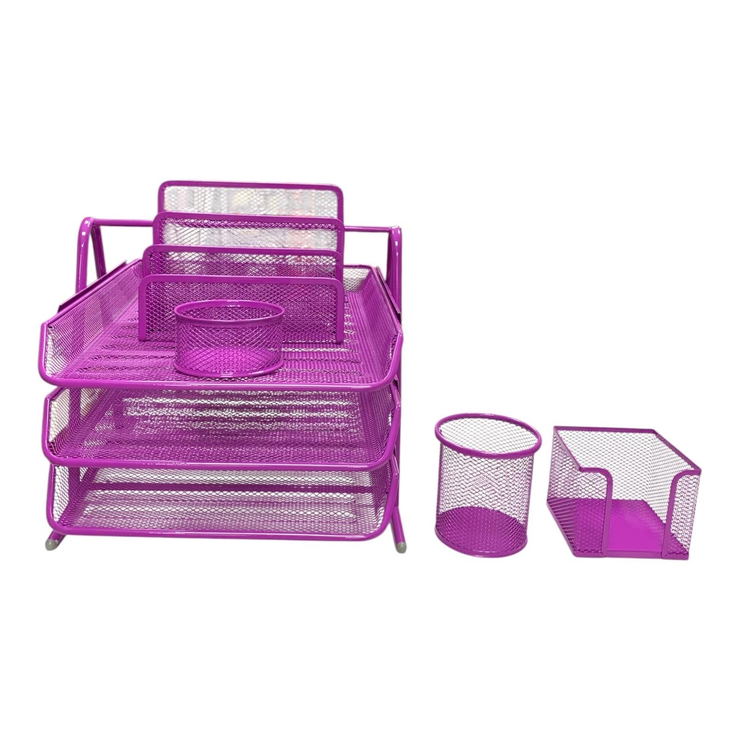 Purple Mesh Desk Organizer Set 5 Piece Office & School Supply Holder || طقم مكتب ملون حديد شبك ٥ قطعة لون بنفسجي