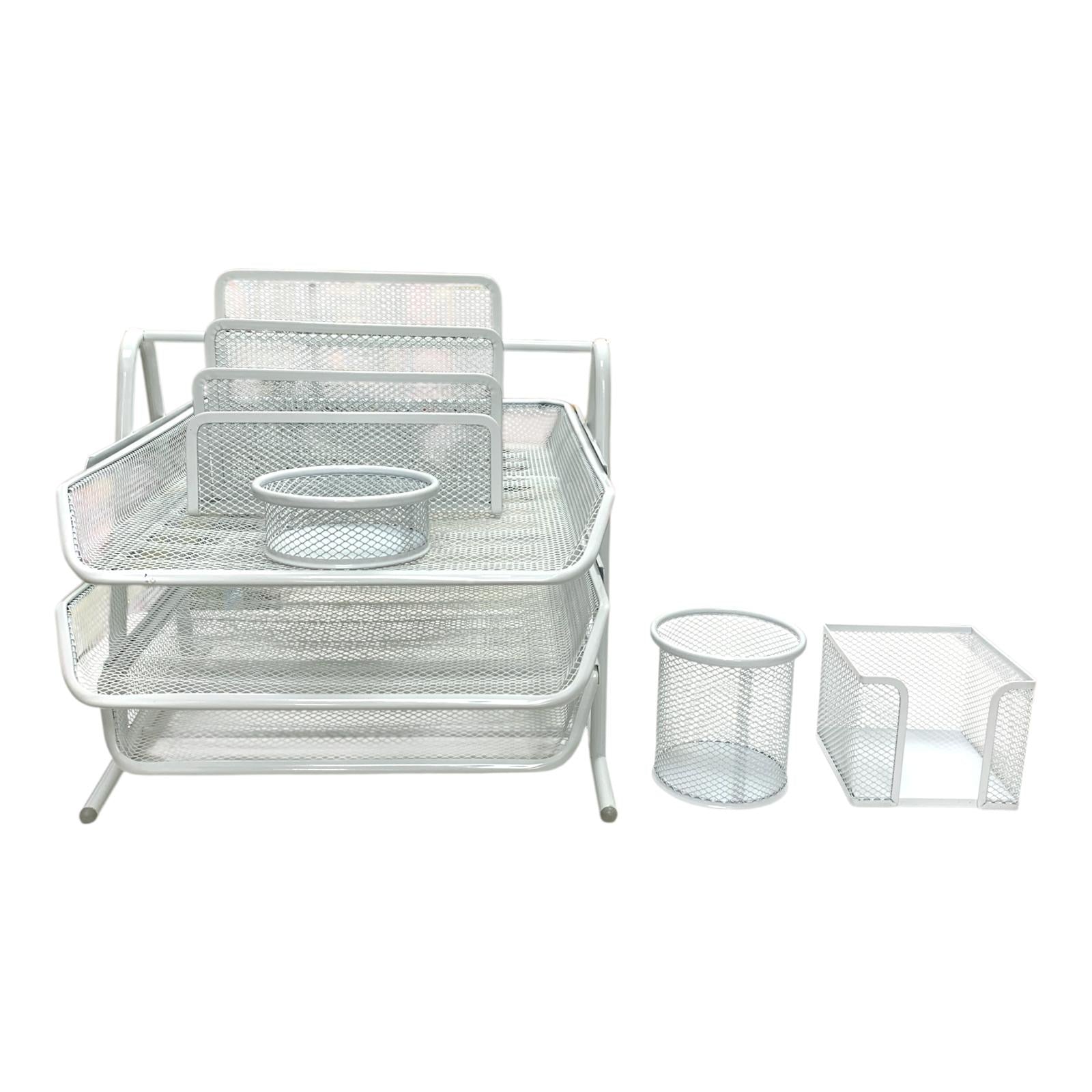 White Mesh Desk Organizer Set 5 Piece Office & School Supply Holder || طقم مكتب ملون حديد شبك ٥ قطعة لون ابيض