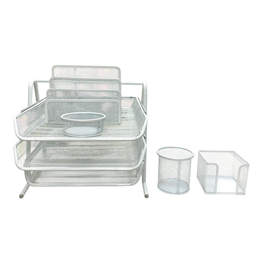 White Mesh Desk Organizer Set 5 Piece Office & School Supply Holder || طقم مكتب ملون حديد شبك ٥ قطعة لون ابيض