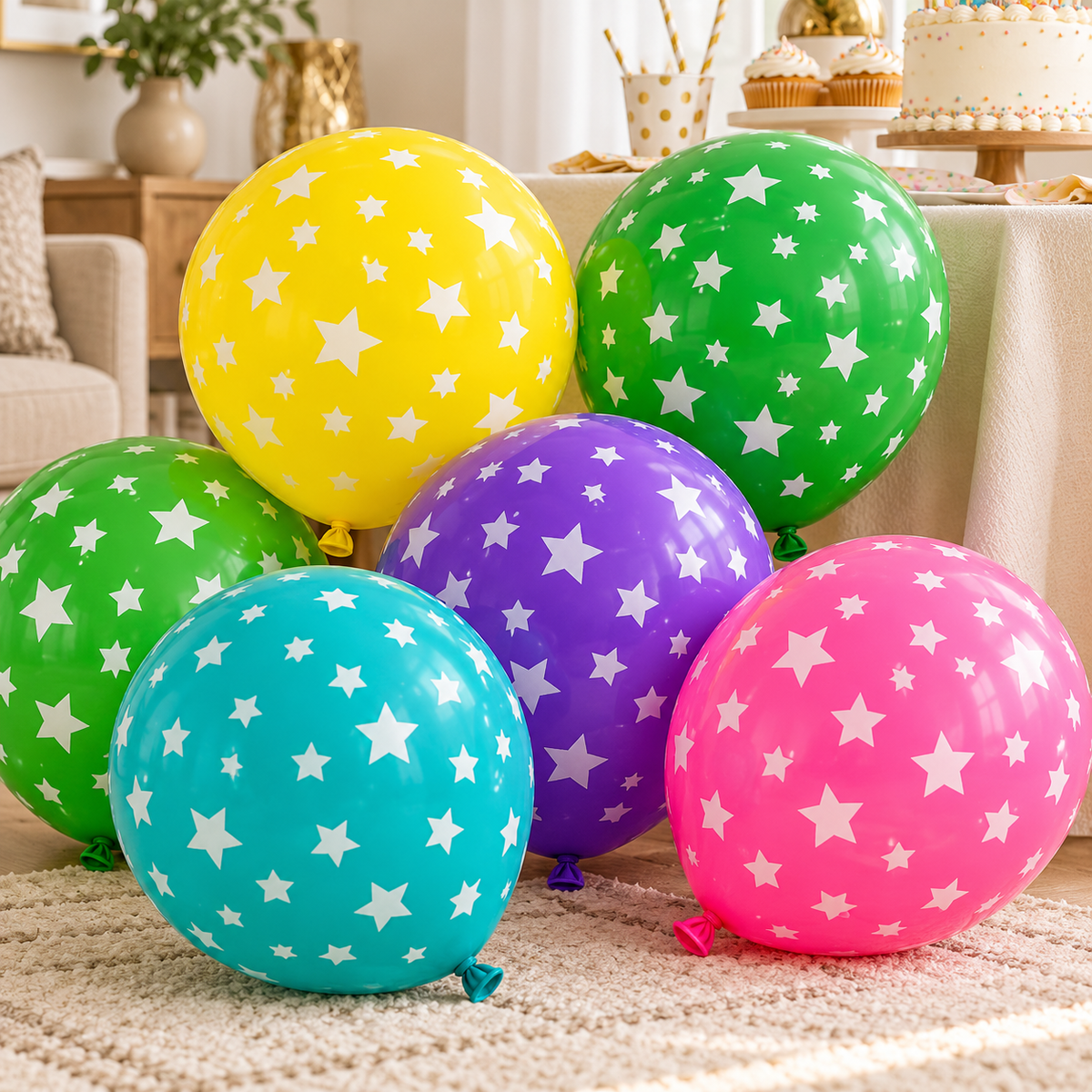 Balloons Stars Printed || بالونات نجوم مطبوعة – inflated balloons in a party setting