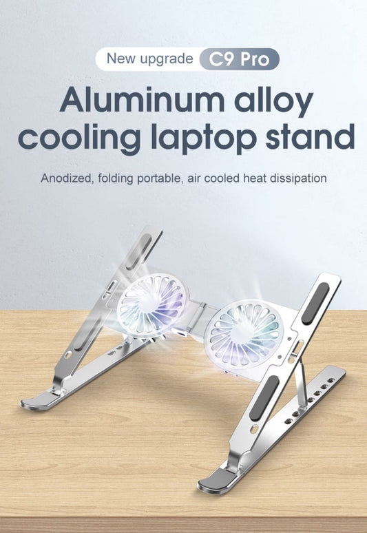 SMQ Adjustable Aluminum Computer Stand with Cooling Fan and Lighting 14"-17" C9 || اس ام كيو حامل كمبيوتر المنيوم قابل للتعديل مع مروحة تبريد واضاءه 14"-17" C9