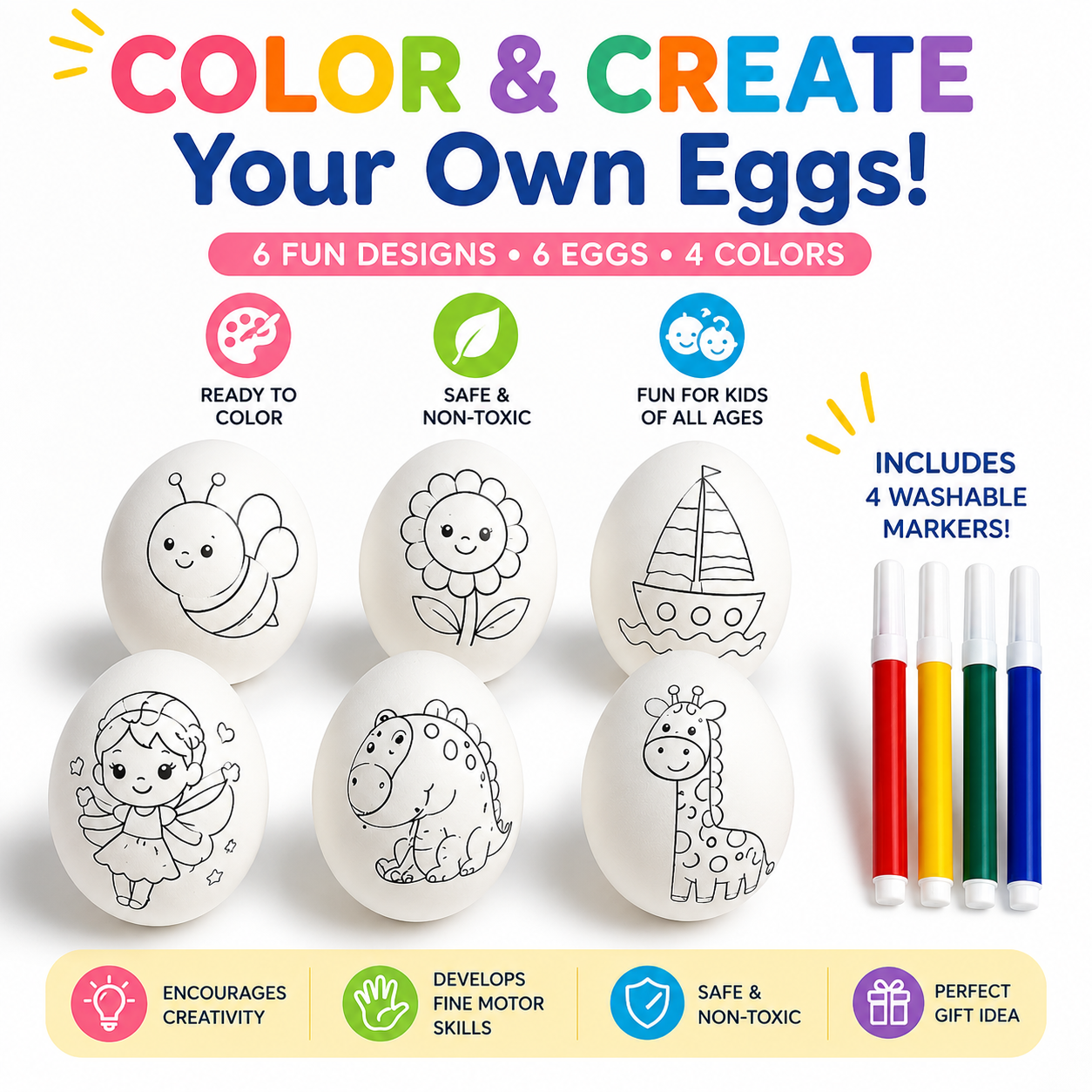 White Egg Pack for Coloring 6 Pcs with Colors || بيض ابيض للتلوين 6 حبة مع الوان