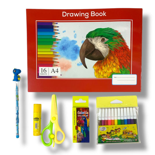 Atlas Offer A4 Drawing Book Pencil Glue Scissors 6 short colored pencils 12 colored markers assorted models || مجموعة اطلس دفتر رسم قلم رصاص صمغ مقص الوان خشبية 6 لون و الوان شينية 12 لون