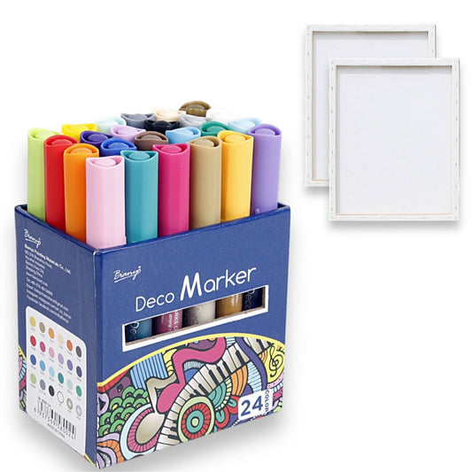 Acrylic Marker Offer w Canvas || باكيج الوان اكريليك ماركر ٢٤ لون مع لوحتين رسم كانفاس