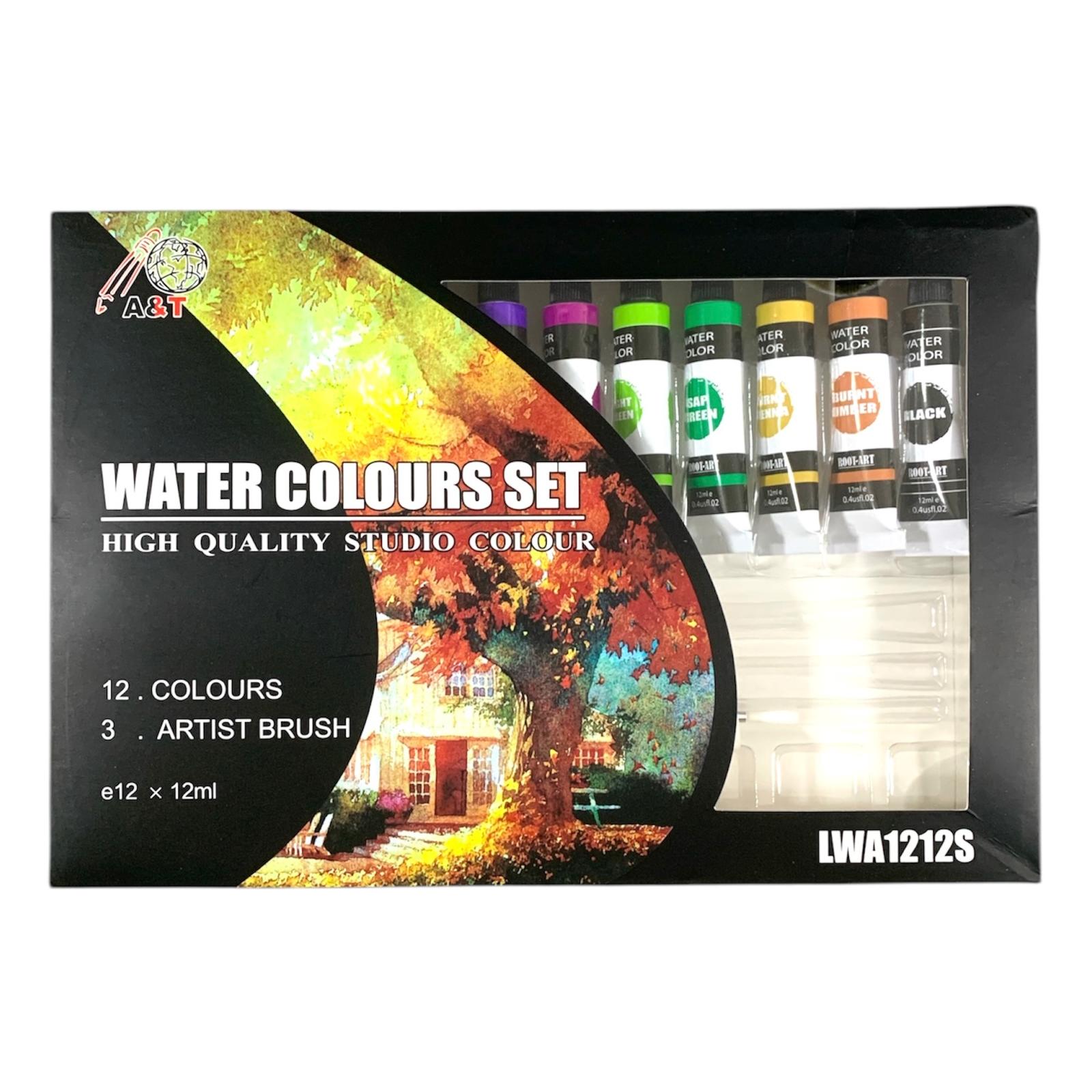 A&T Water Color Set 12 Colors with Brushes and Pallete  || الوان مائية اي اند تي ١٢ لون مع فرش و باليت