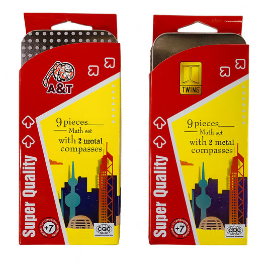 A&T Back to school Offer 9-Piece Super Quality Math Set with 2 Metal Compasses || عرض قرطاسية العودة الى المدرسة 2 علبة هندسة اي اند تي