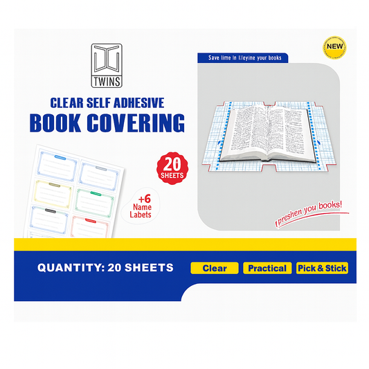 A&T Twins Clear Self Adhesive Book Cover 20 pcs + 6 Name Labels || جلاد شفاف توينز اي اند تي مقطع من الداخل والاطراف لسهولة التجليد 20 حبة مع 6 طوابع