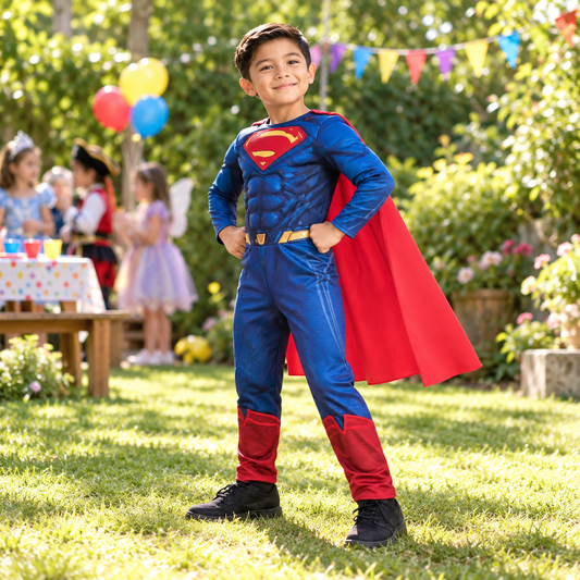 Blue Superhero Muscle Costume with S Emblem and Red Cape || زي بطل خارق عضلي أزرق بشعار S وكاب أحمر — child wearing costume