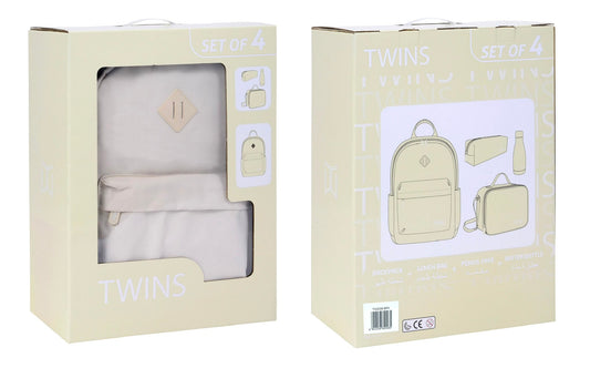 Twins Back To School Set 4 Pcs Backpack + Lunch bag + Pencil Case + Stainless Steel Water Bottle Biege || مجموعة العودة للمدرسة 4 قطع جنطة ظهر و جنطة اكل و مقلمه و مطارة ماء ستيل بيج