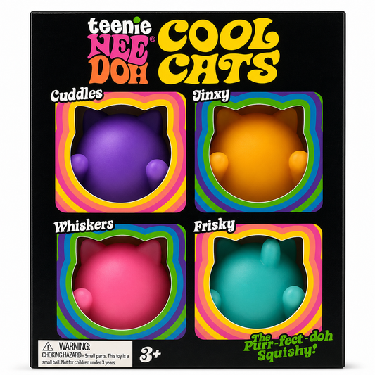 Box of Teenie Nee Doh Cool Cats with colorful cat figures and packaging design.