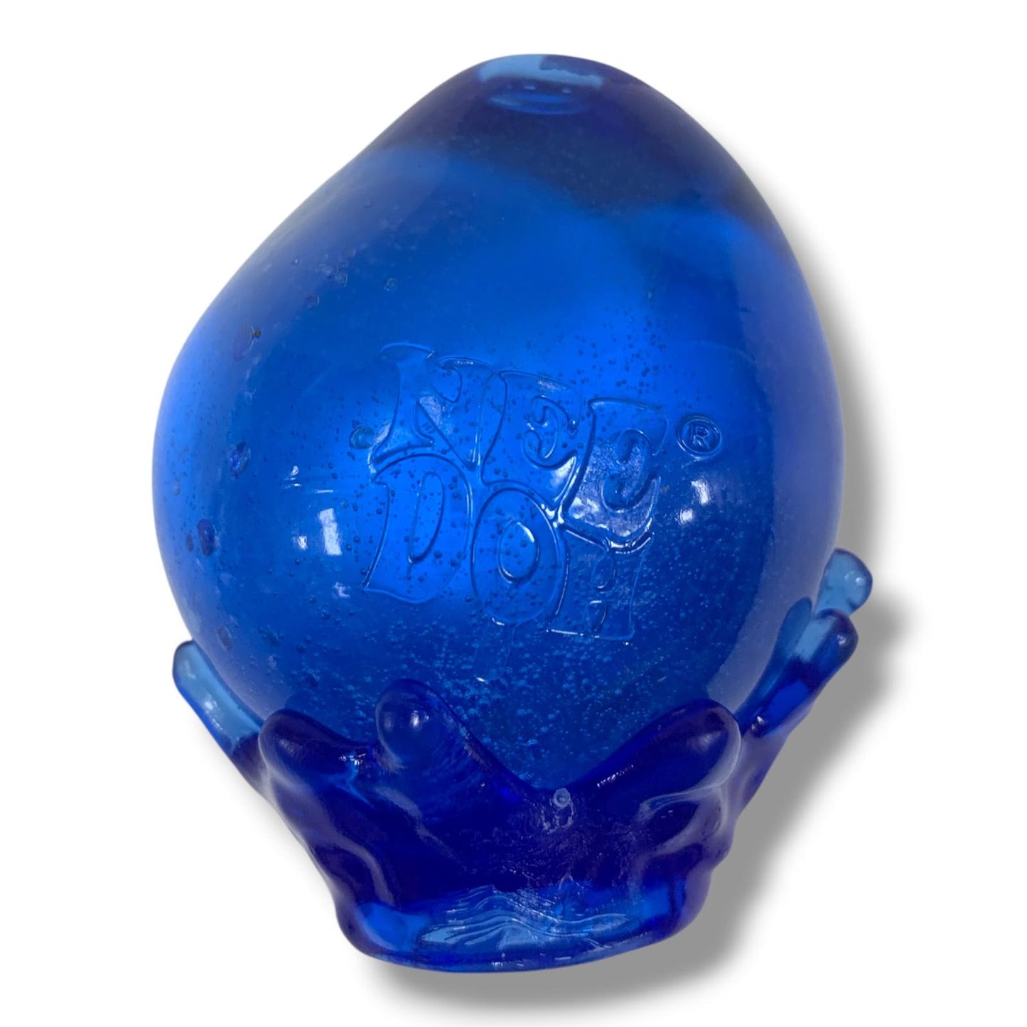 Blue rubber dog toy with a visible brand logo on a white background