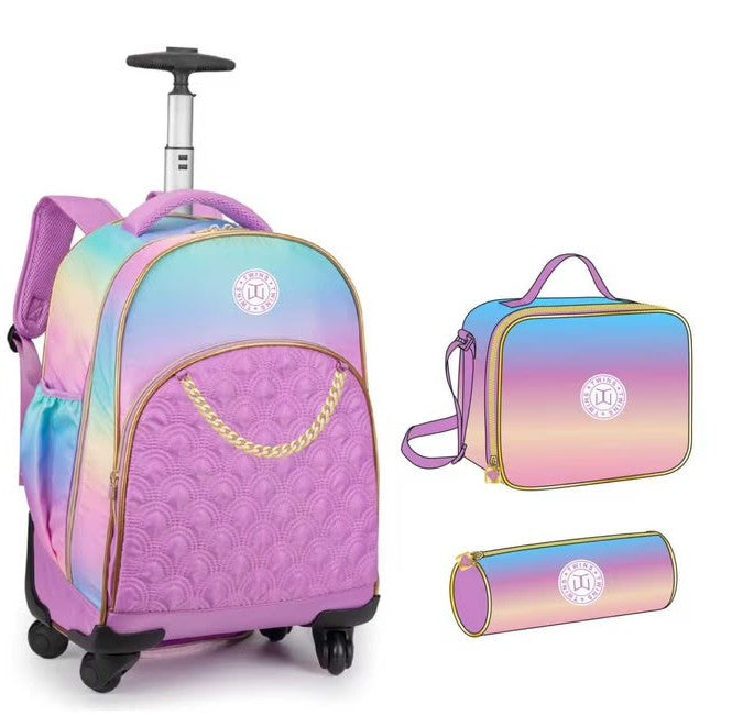 Twins Back To School Set 3 Pcs Trolley Backpack + Lunch bag + Pencil Pouch Purple  || مجموعة العودة للمدرسة 3 قطع جنطة سحب 4 تواير و جنطة اكل و مقلمة بنفسجي