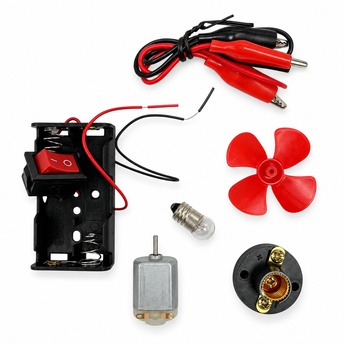 Electricity Set Electric Motor Fan Red Color || دائرة كهربائية محرك مع مروحة لون احمر – components || محتويات الطقم
