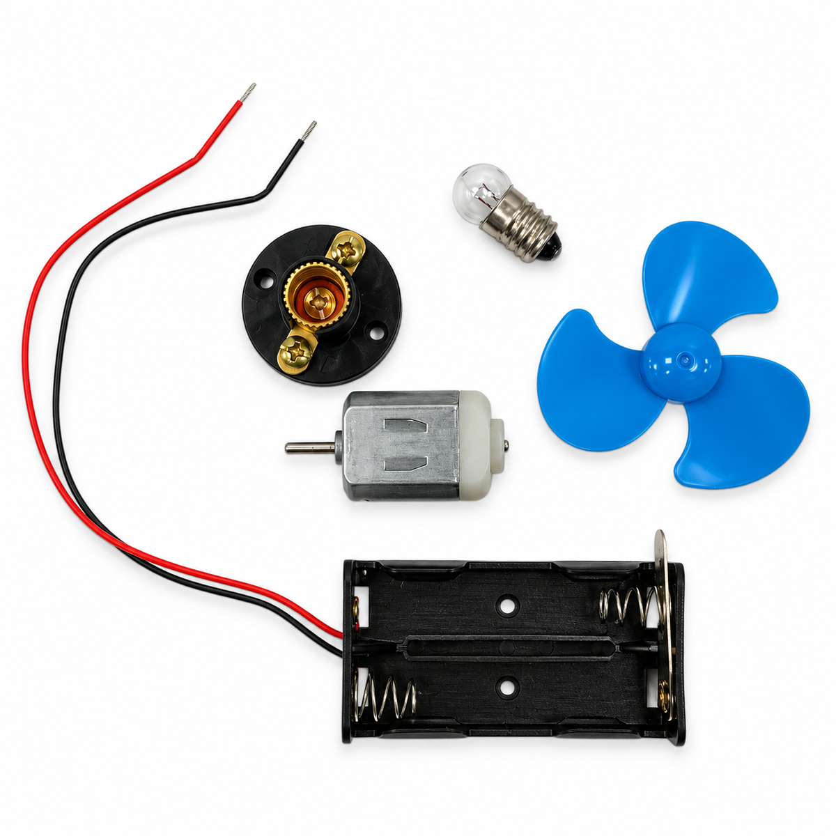 Electricity Set Electric Motor Fan Blue Color || دائرة كهربائية محرك مع مروحة لون ازرق – components || محتويات الطقم