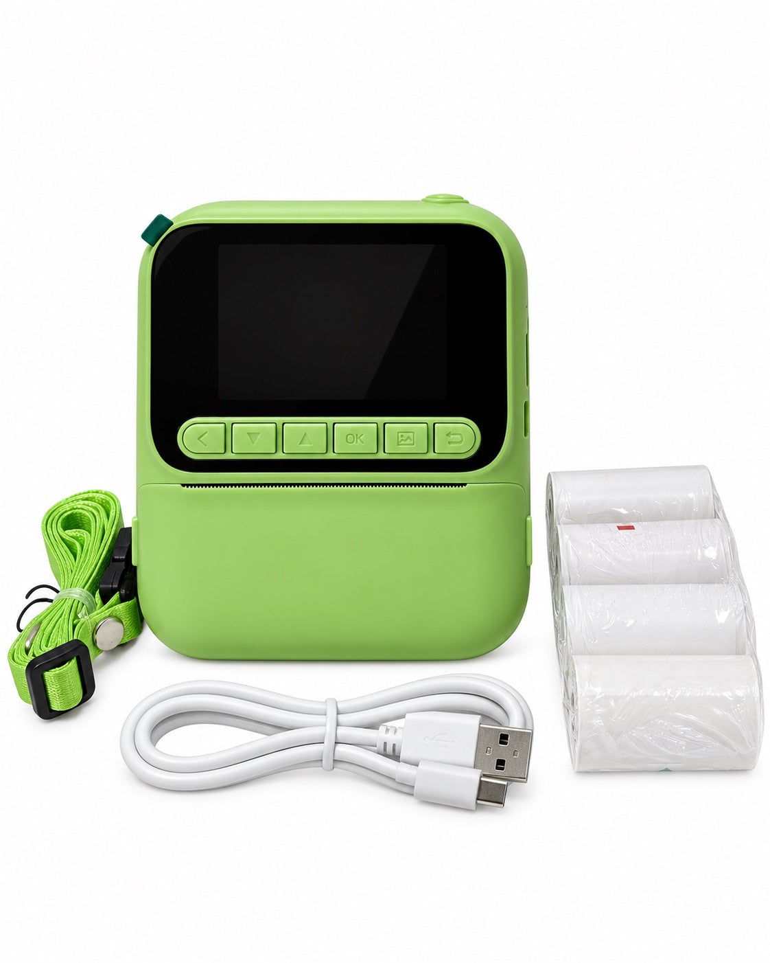 Colored Picture Camera Green with matching strap, USB cable and paper rolls