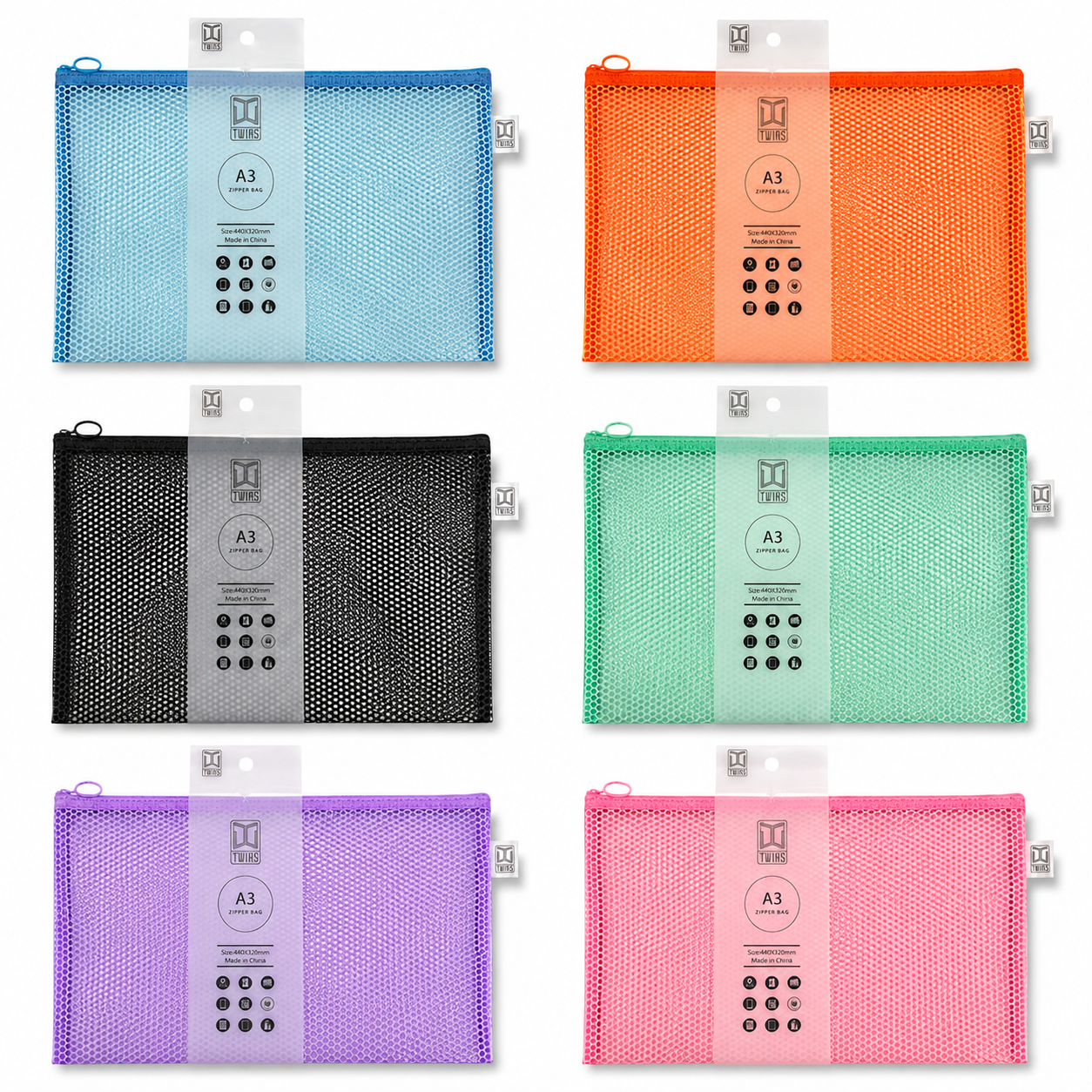 Twins Mesh Zipper File Pastel Assorted Colors A3 || ملفات سحاب شبك توينز الوان باستيل متنوعة حجم اي ثري
