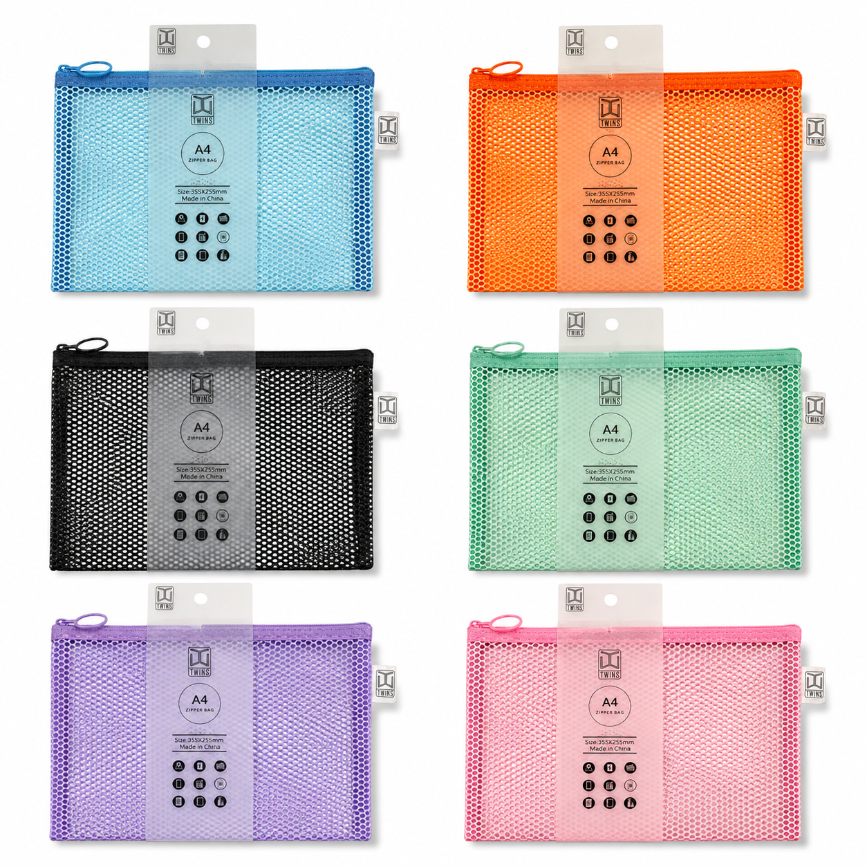 Twins Mesh Zipper File Pastel Assorted Colors A4 || ملفات سحاب شبك توينز الوان باستيل متنوعة حجم اي فور