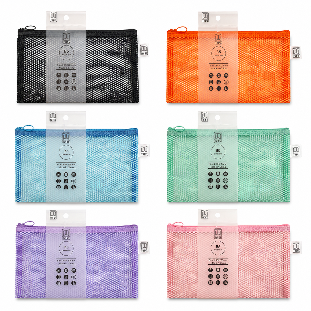 Twins Mesh Zipper File Pastel Assorted Colors B5 || ملفات سحاب شبك توينز الوان باستيل متنوعة حجم بي فايف