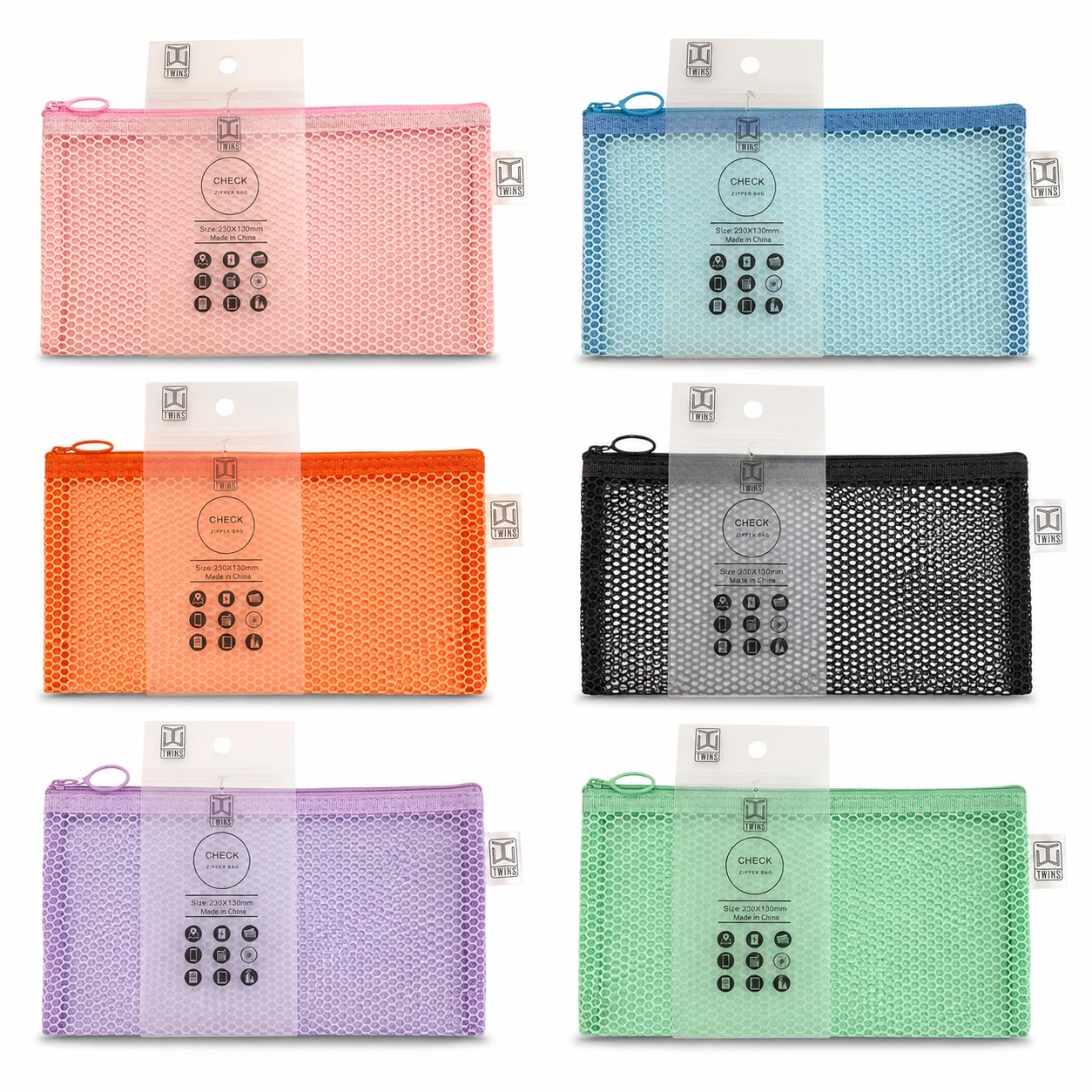 Twins Mesh Zipper File Pastel Assorted Colors Check || ملفات سحاب شبك توينز الوان باستيل متنوعة حجم مقلمة