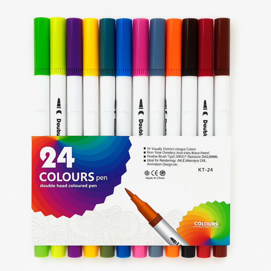 A&T Twins Pen Dual Tip Brush Markers 24 Vibrant Colours for Art & Design || الوان اي اند تي توينز راسين شيني و ضعيف ٢٤ لون