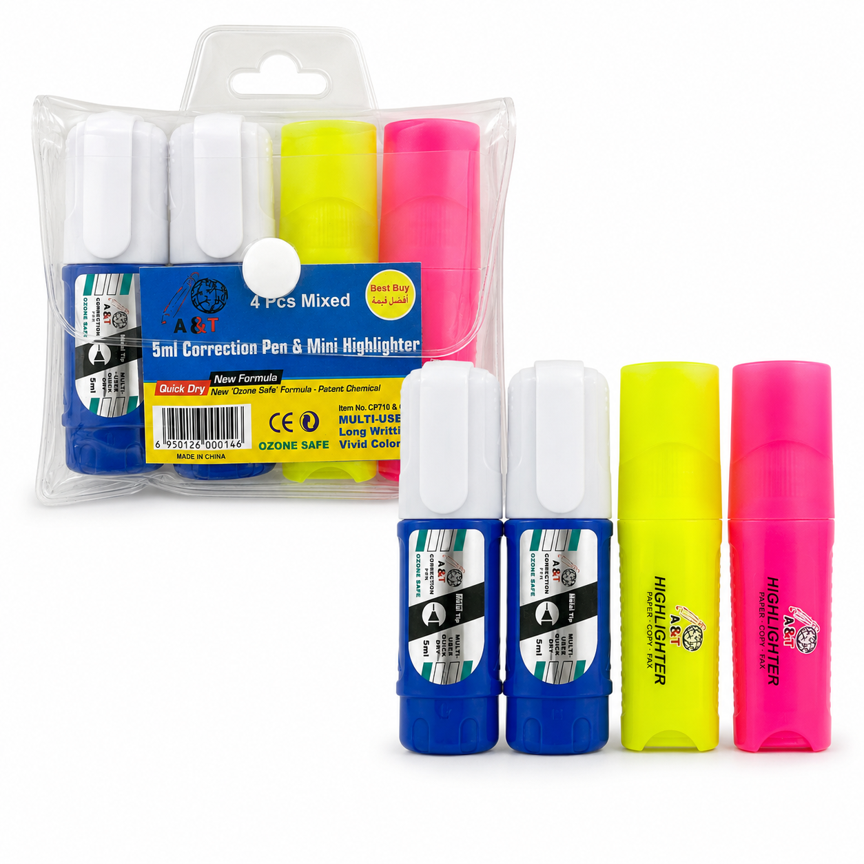 A&T Stationery Set 4 Pcs Mini 2 Correctors 2 Highlighters || مجموعة قرطاسية اي اند تي 4 قطعه ميني 2 كوركتر و 2 فسفوري