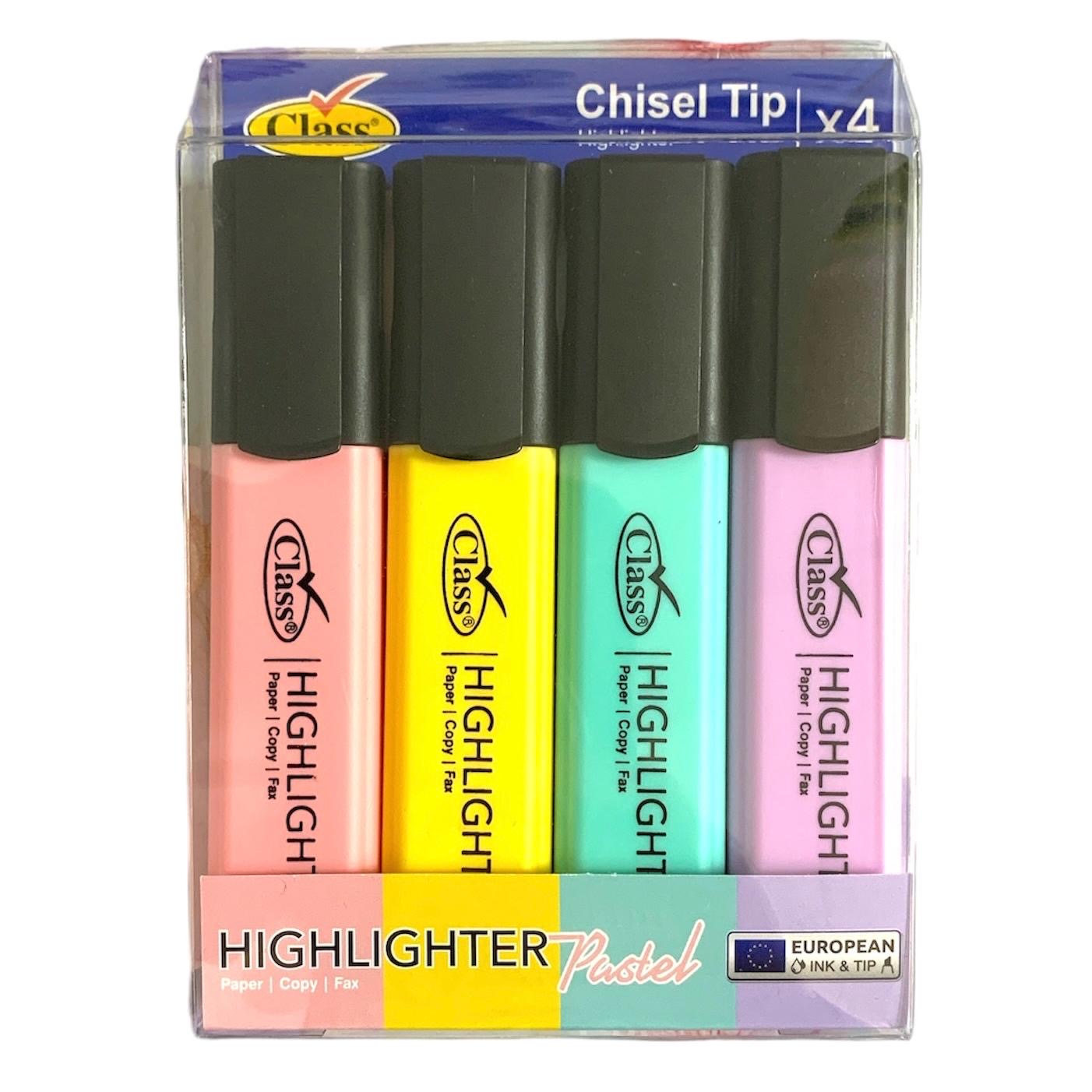 Class Highlighters 4 Pastel Colors Chisel Tip || الوان باستيل تضليل هايلايتر كلاس راس مشطوف ٤ لون