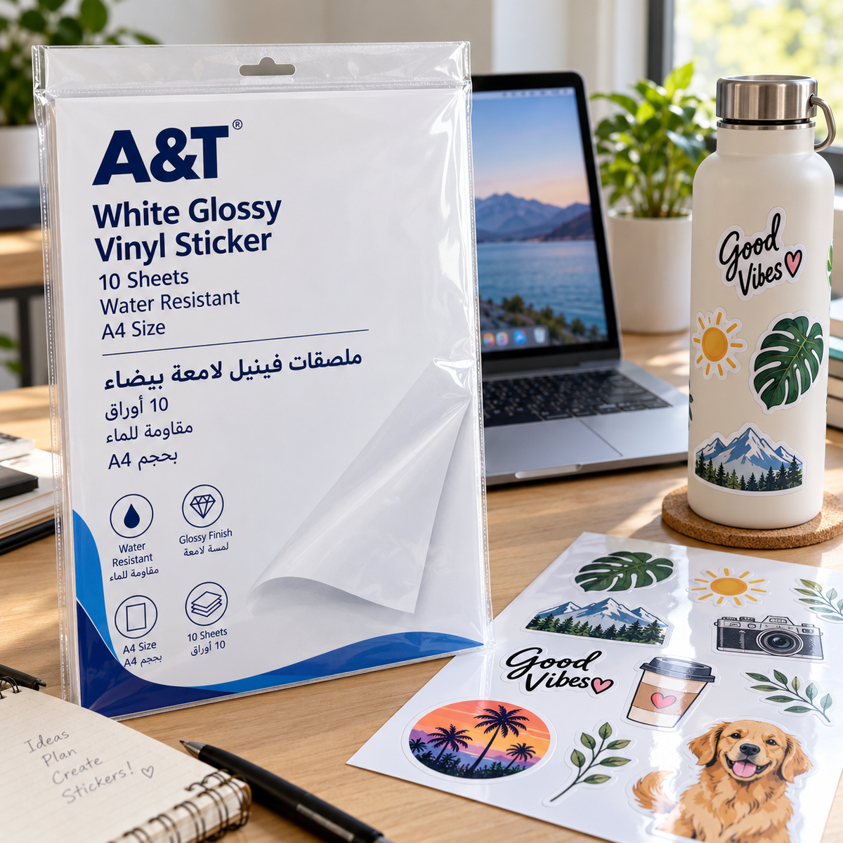 A&T White Glossy Vinyl Sticker 10 Sheets Water Resistant A4 Size || ورق لاصق ابيض ستيكر مقاوم للماء حجم اي فور 10 ورقه