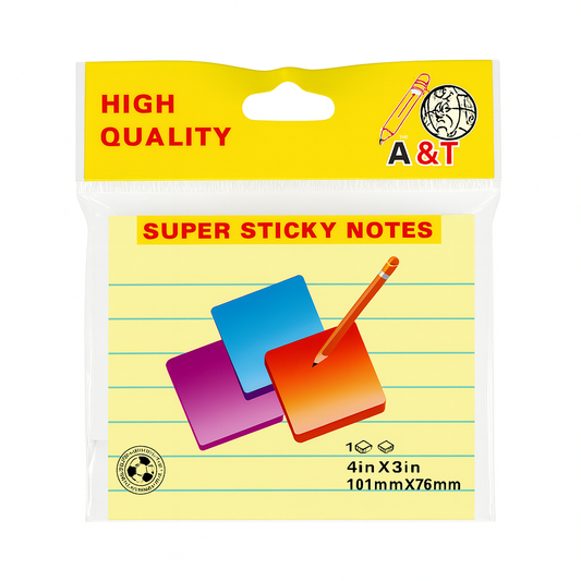 A&T Yellow Lined Super Sticky Notes 3x4 || ورق ملاحظات ستيكي نوت اي اند تي لون اصفر 3*4