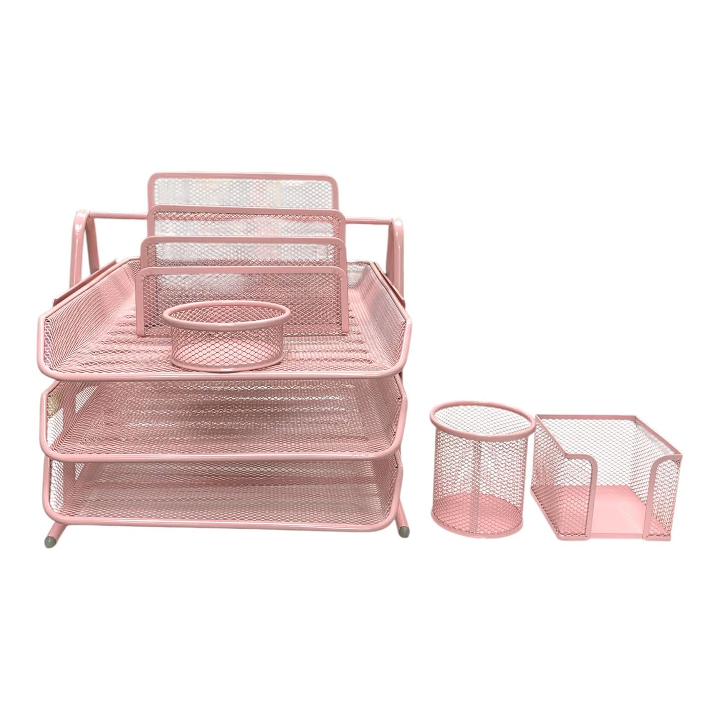 Pink Mesh Desk Organizer Set 5 Piece Office & School Supply Holder || طقم مكتب ملون حديد شبك ٥ قطعة لون وردي
