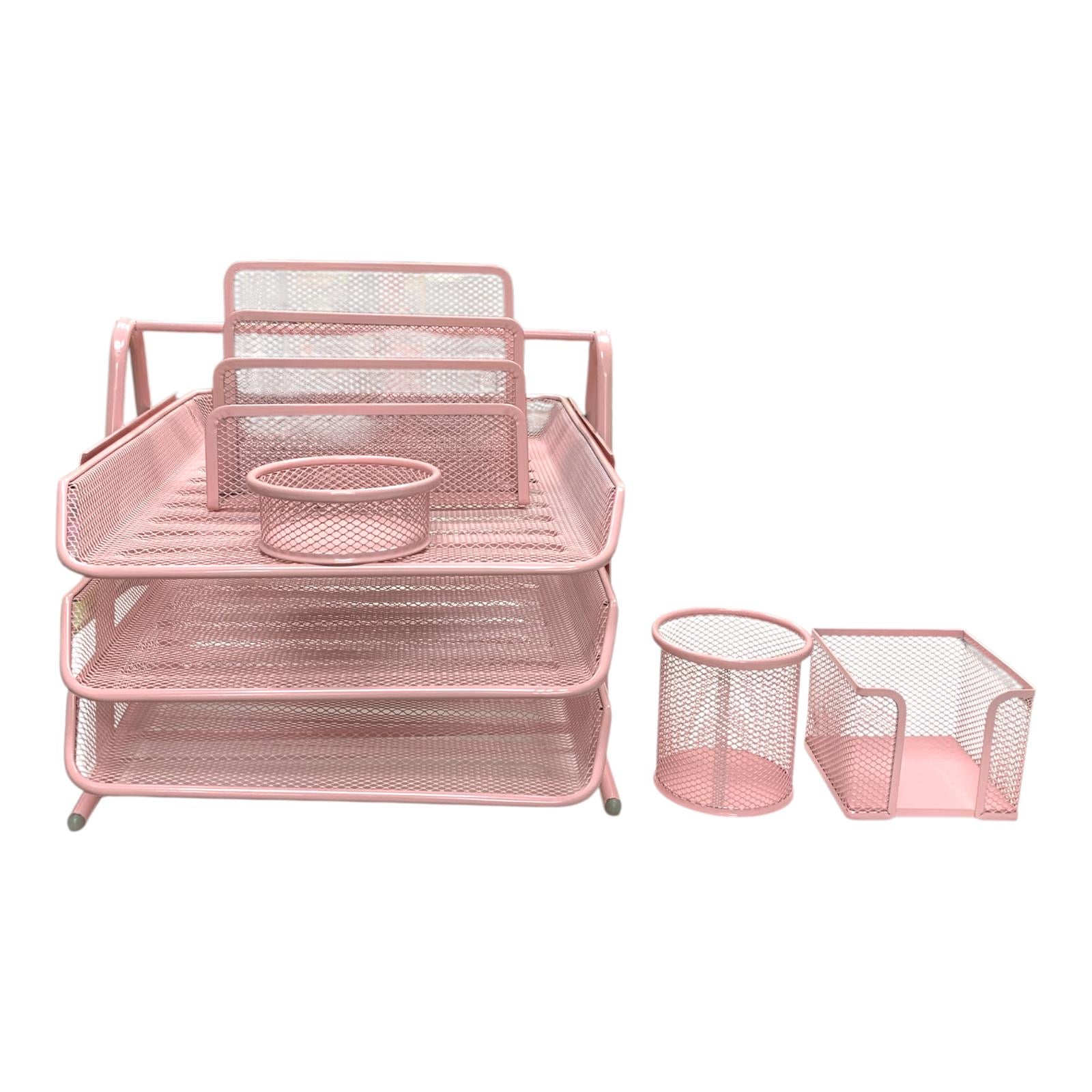 Pink Mesh Desk Organizer Set 5 Piece Office & School Supply Holder || طقم مكتب ملون حديد شبك ٥ قطعة لون وردي