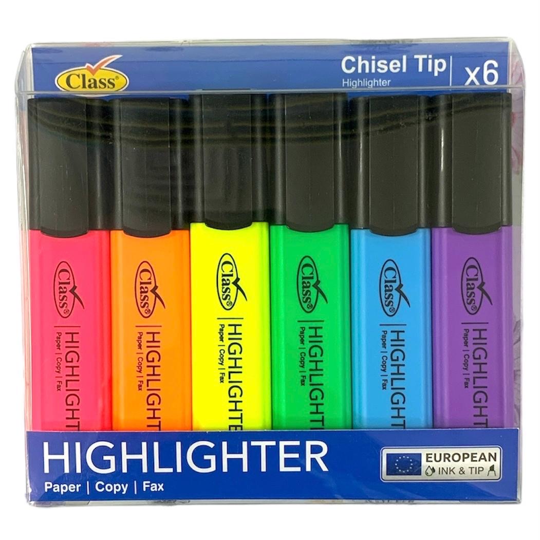 Class Highlighters 6 Colors Chisel Tip || الوان تضليل هايلايتر كلاس راس مشطوف ٦ لون
