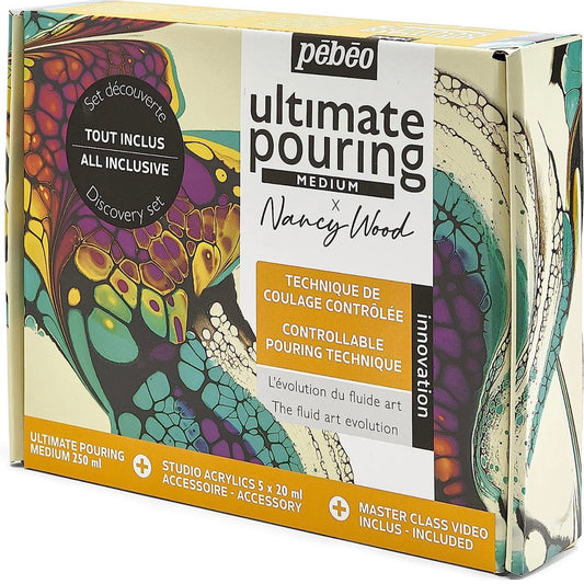 Pebeo Ultimate Pouring Experience Medium X Nancy Wood || طقم الوان اكريليك مع وسيط سكب بيبيو