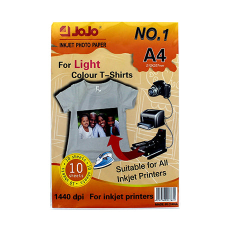 Jojo Inkjet Photo Paper For Light Fabric Transfer Paper A4 Size 10 Pack || ورق جوجو تيشيرتات خام فاتح ١٠ ورقه حجم اي فور