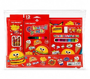 Kids Stationery Set in Clear File - Medium - Red || طقم قرطاسية أطفال ملف شفاف وسط - أحمر