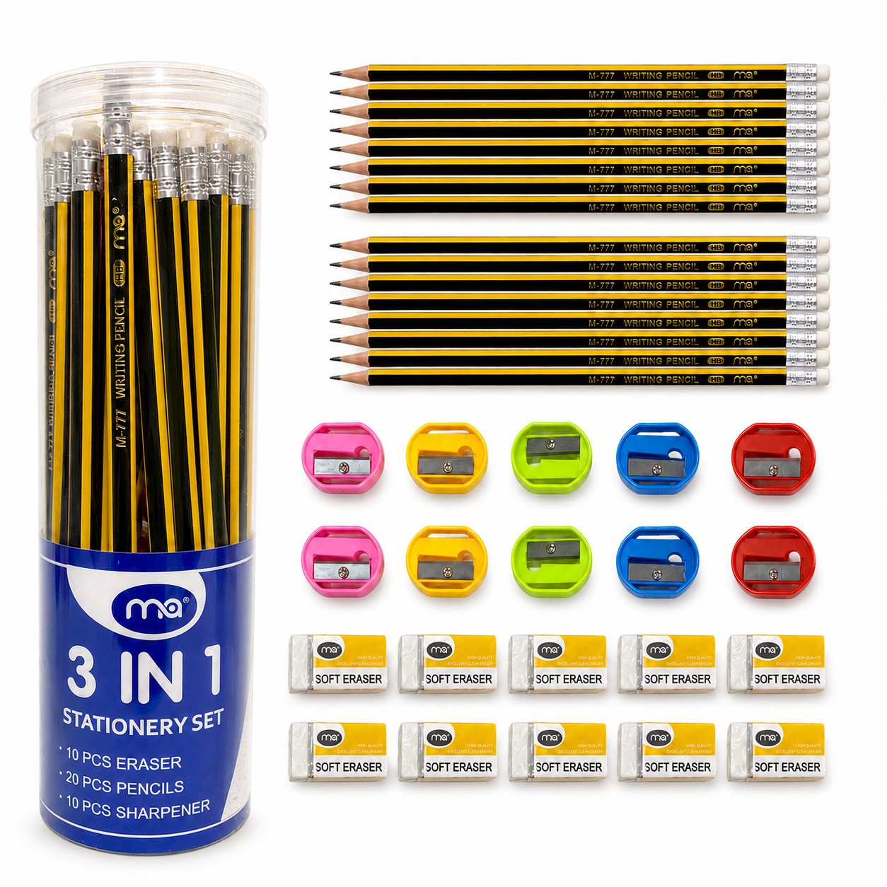 A 3-in-1 stationery set in a clear cylindrical plastic container with a blue label, shown from the front and side on a white background. The set includes 10 erasers, 20 pencils, and 10 sharpeners.