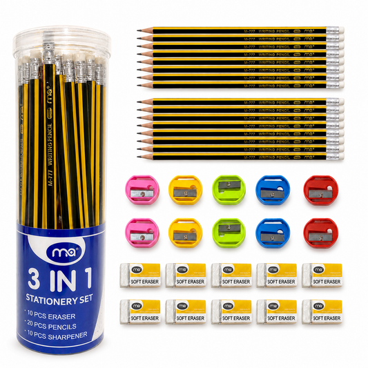 A 3-in-1 stationery set in a clear cylindrical plastic container with a blue label, shown from the front and side on a white background. The set includes 10 erasers, 20 pencils, and 10 sharpeners.