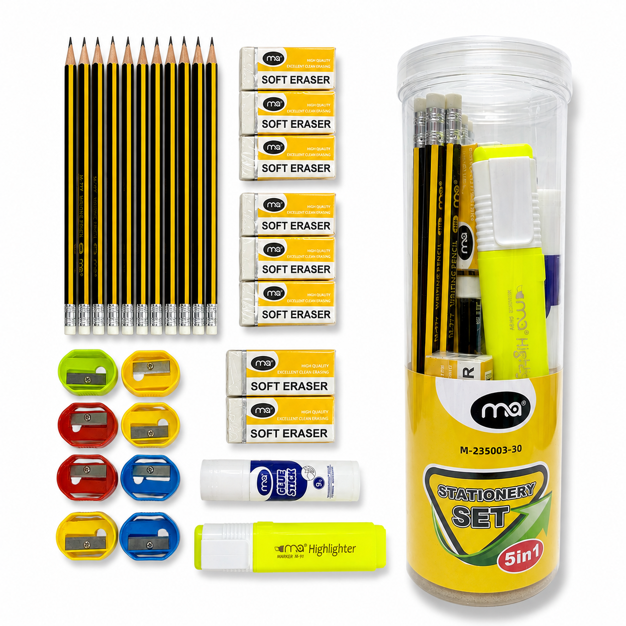 A&T Stationery Package 3 in 1 Pencils + Sharpeners + Erasers 30 Pcs #1  || مجموعة قرطاسية أطلس 3 في 1  اقلام رصاص و برايات و محايات 30 قطعة #1