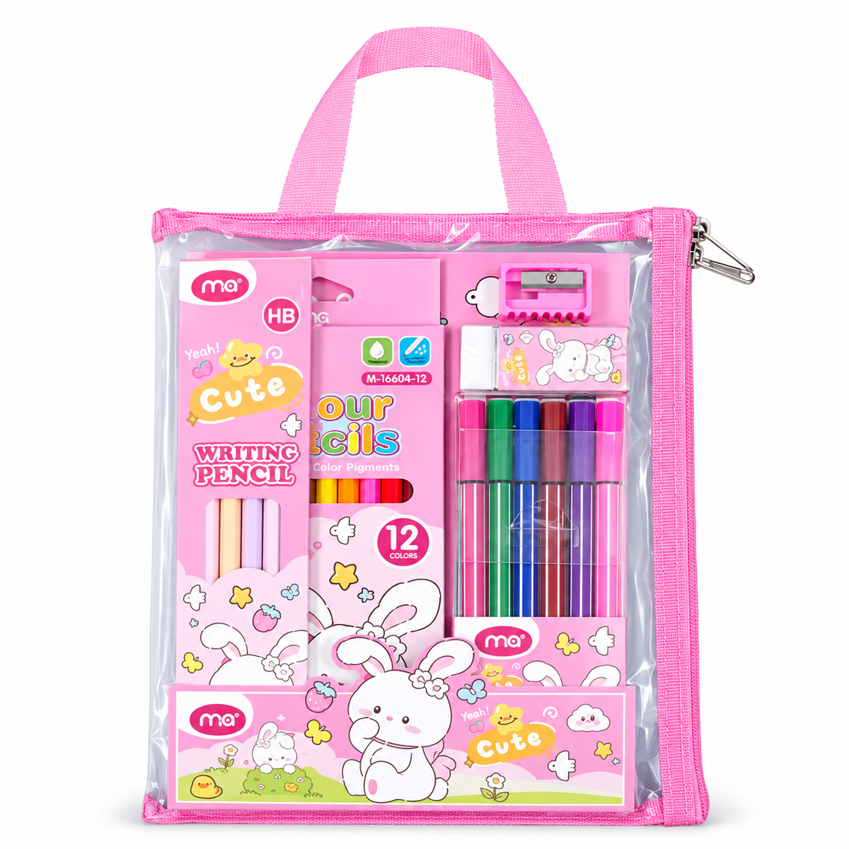 Kids Stationery Set with Handle Bag - Medium - Pink || طقم قرطاسية أطفال شنطة مع يد وسط - وردي