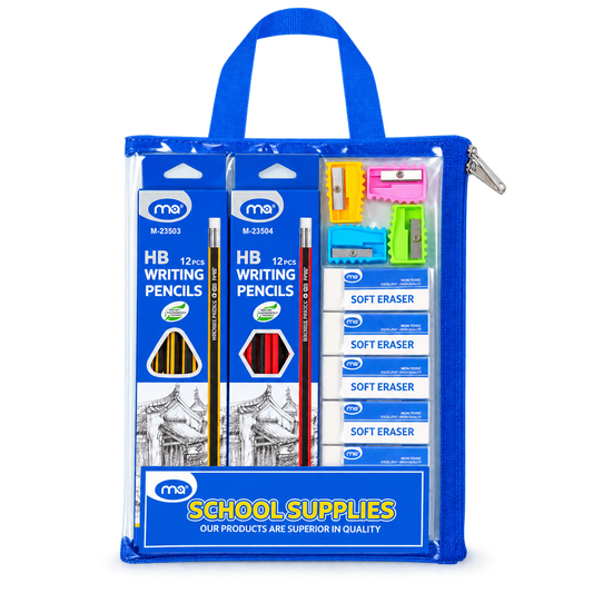 School Stationery Set with Handle Bag - Medium - Blue || طقم قرطاسية مدرسي شنطة مع يد حجم وسط - أزرق