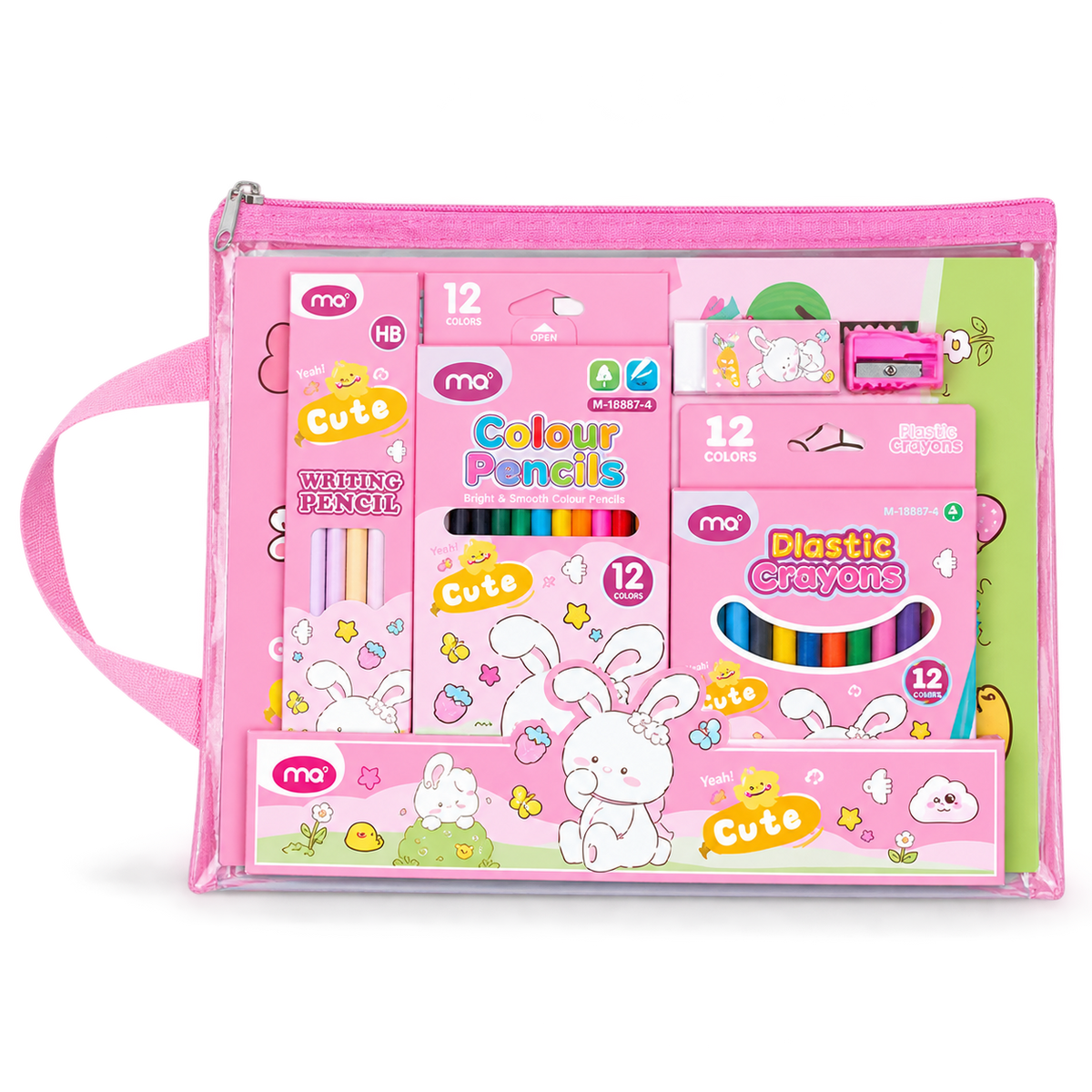 Kids Stationery Set with Handle Bag - Large - Pink || طقم قرطاسية أطفال شنطة مع يد كبير - وردي
