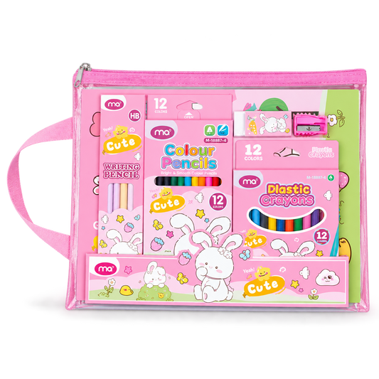 Kids Stationery Set with Handle Bag - Large - Pink || طقم قرطاسية أطفال شنطة مع يد كبير - وردي