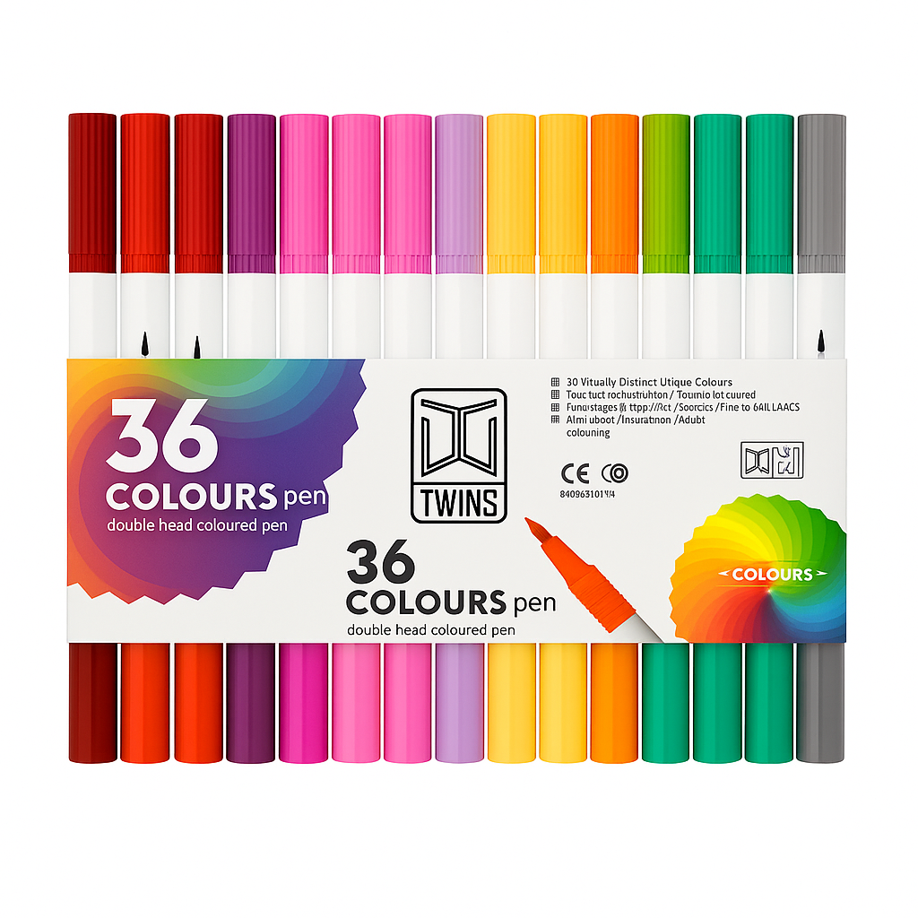 A&T Twins Pen Dual Tip Brush Markers 36 Vibrant Colours for Art & Design || الوان اي اند تي توينز راسين شيني و ضعيف ٣٦ لون