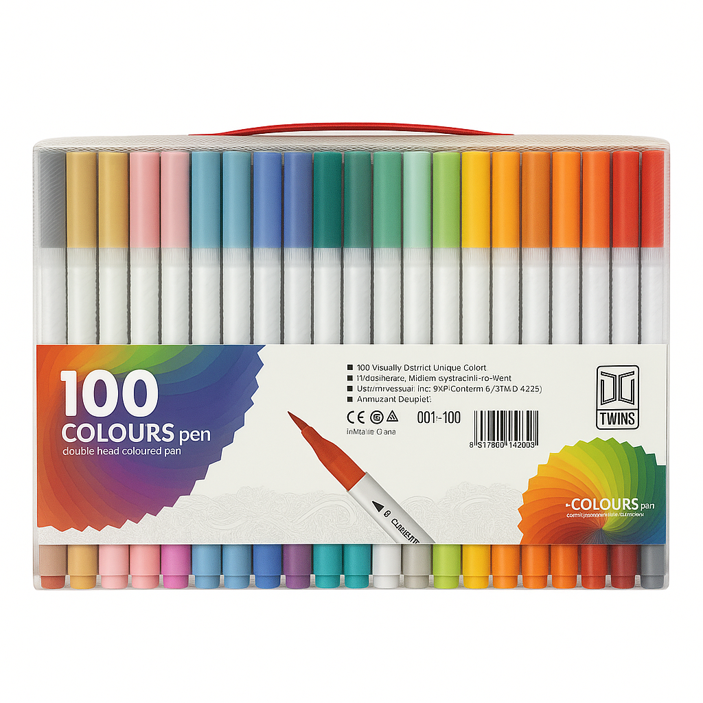 A&T Twins Pen Dual Tip Brush Markers 100 Vibrant Colours for Art & Design || الوان اي اند تي توينز راسين شيني و ضعيف 100 لون