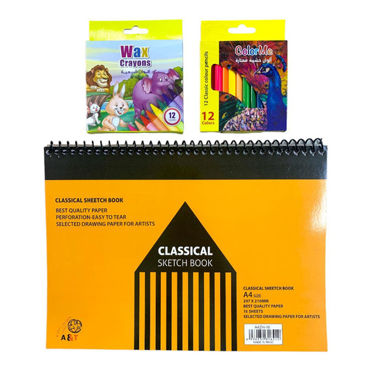 Sketchbook Offer A4 Size 12 Color Crayons and Short Colored Pencils || باكيج دفتر رسم حجم اي فور مع اقلام شمعية و خشبية قصيرة ١٢ لون