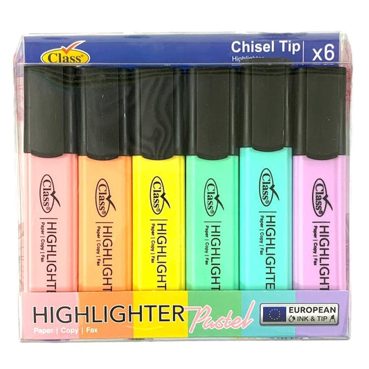 Class Highlighters 6 Pastel Colors Chisel Tip || الوان تضليل هايلايتر كلاس راس مشطوف ٦ لون باستيل